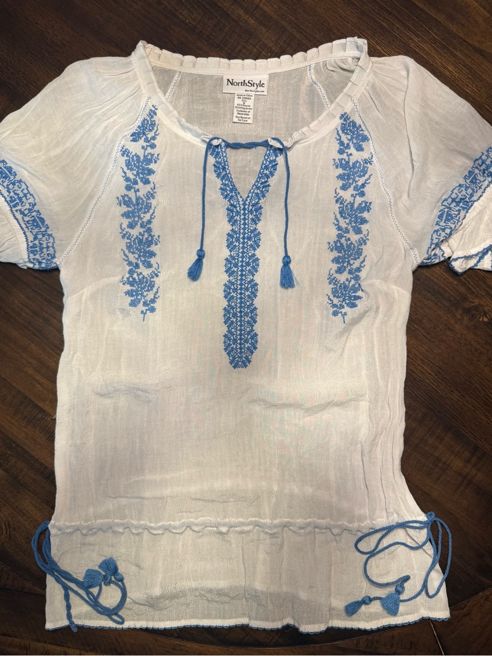 NorthStyle White Peasant Blouse with Blue Embroidery Accents